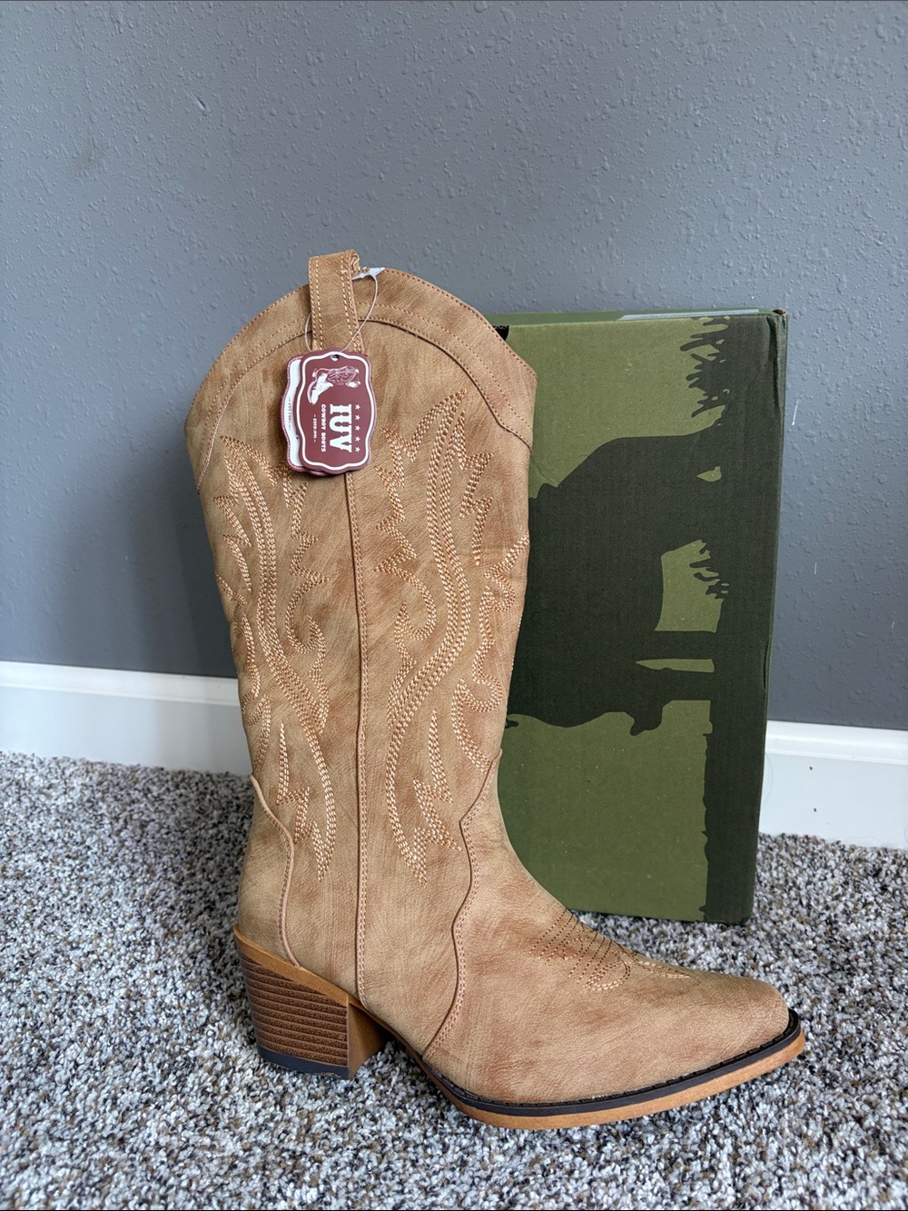 Tan Western-Style Knee Boot with Embroidered Shaft